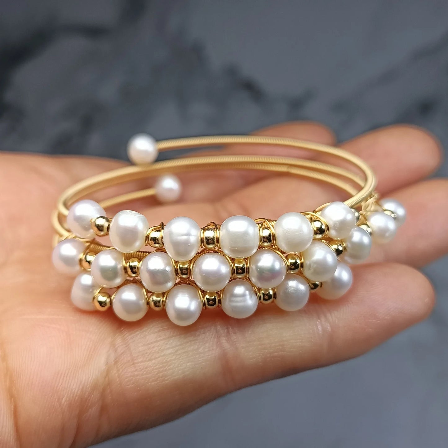 High Quality 100% Natural Freshwater Pearl 14K Gold Filled Female Three Layers Bangle Promotion Christmas Gifts No Fade Cheap