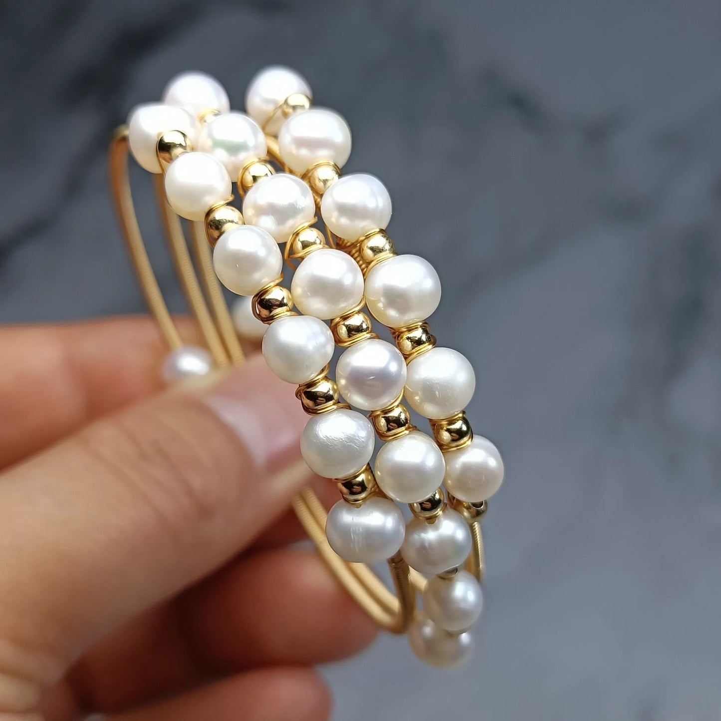 High Quality 100% Natural Freshwater Pearl 14K Gold Filled Female Three Layers Bangle Promotion Christmas Gifts No Fade Cheap