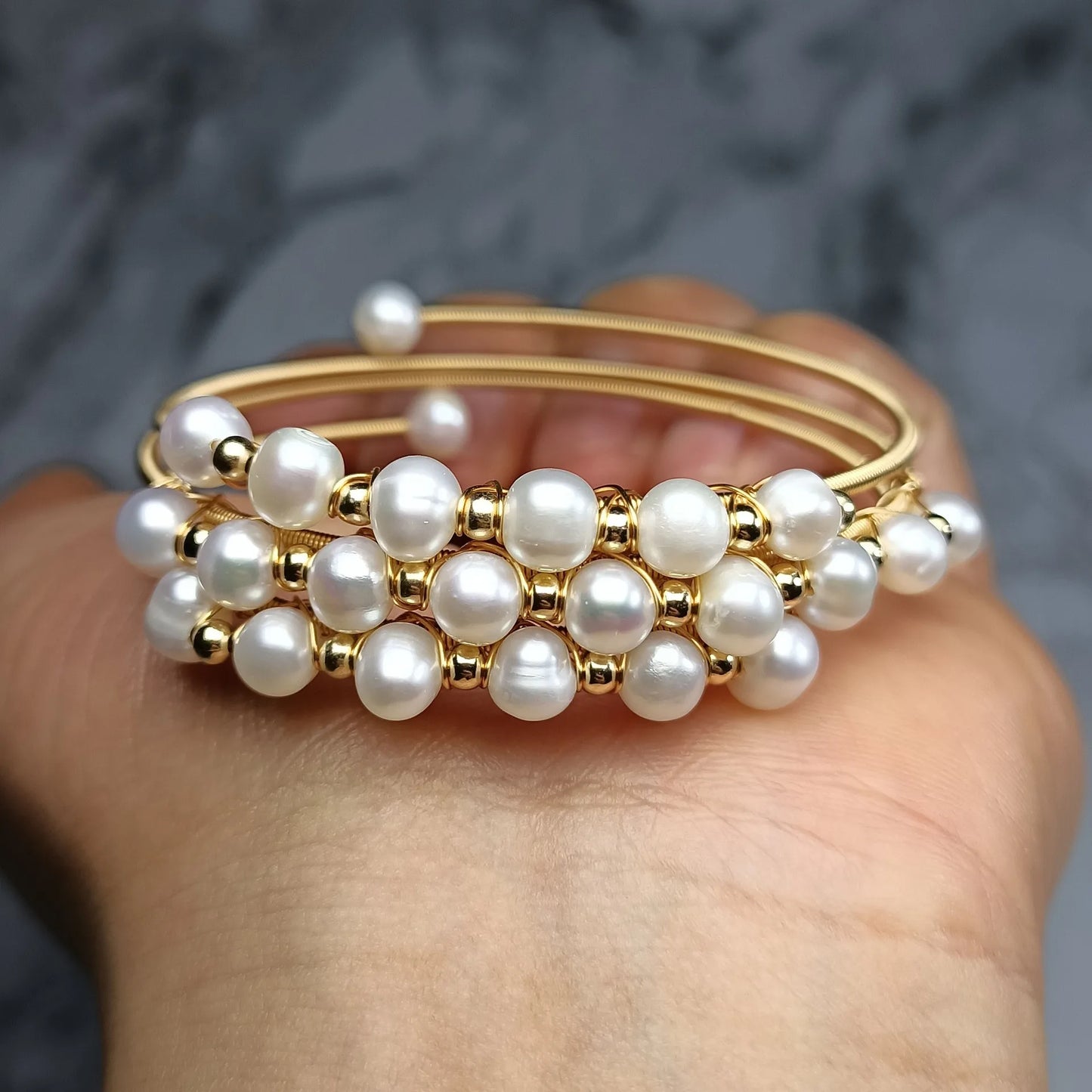 High Quality 100% Natural Freshwater Pearl 14K Gold Filled Female Three Layers Bangle Promotion Christmas Gifts No Fade Cheap